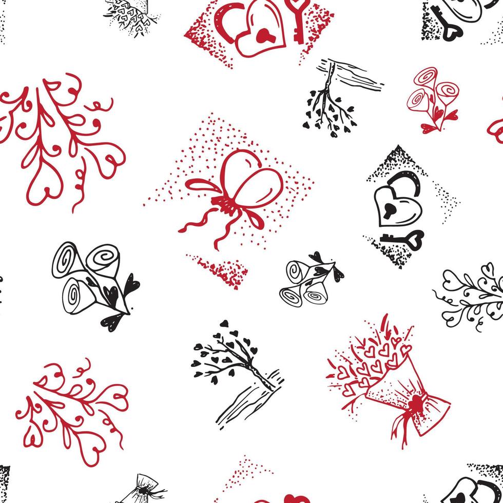 retro hand getekend schetsen naadloos achtergrond met liefde symbolen voor valentijnsdag en bruiloft dag vector