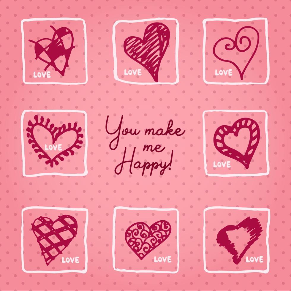 valentijnsdag dag kaart of uitnodiging zier motivatie tekst u maken me gelukkig bruiloft concept groet kaart, poster, banier, ontwerp element. liefde roze achtergrond vector