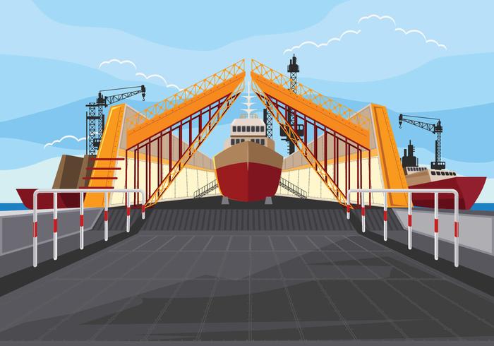 Illustratie van werf op het werk en docking schip vector