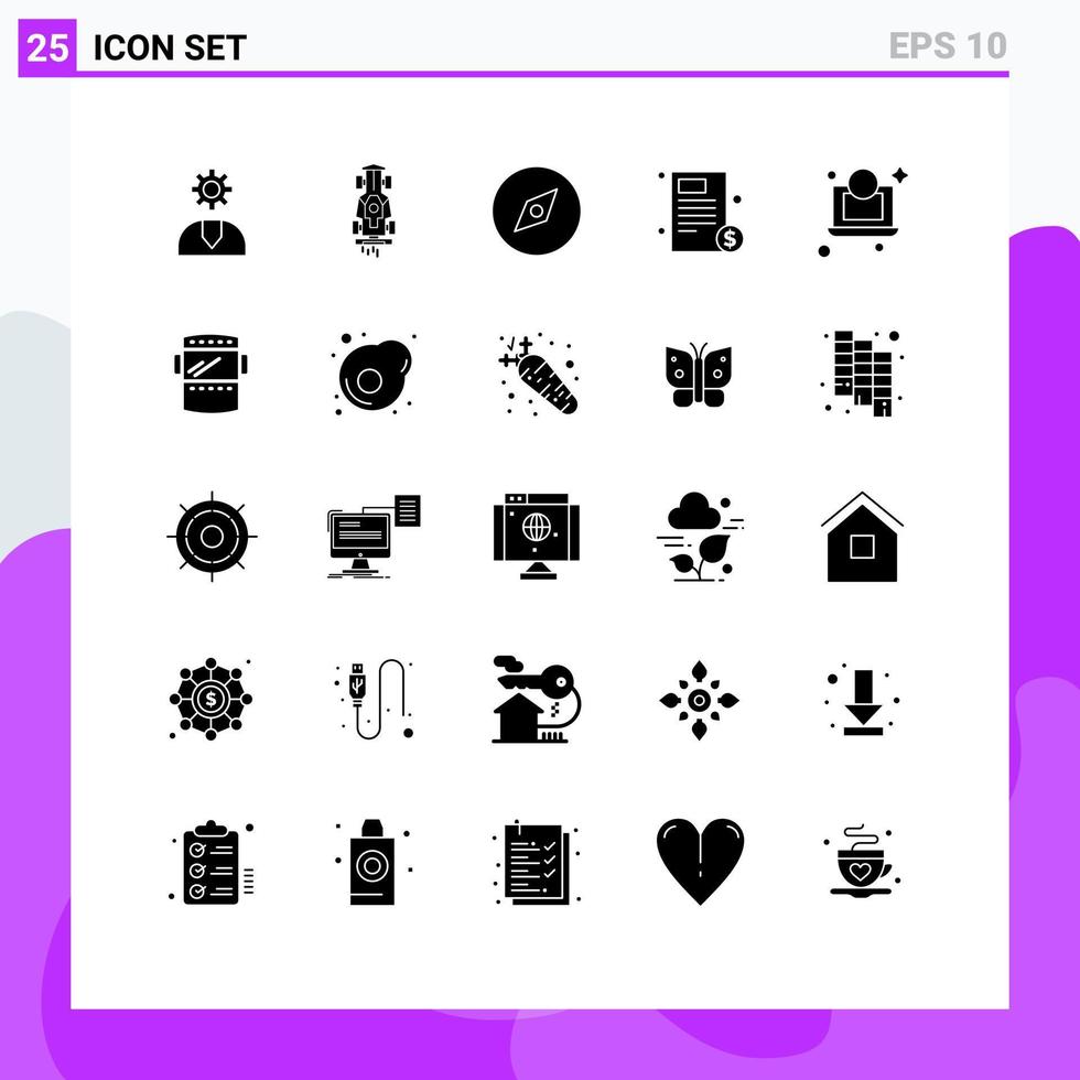 25 solide glyph concept voor websites mobiel en apps factuur gezondheidszorg racing het dossier navigatie bewerkbare vector ontwerp elementen