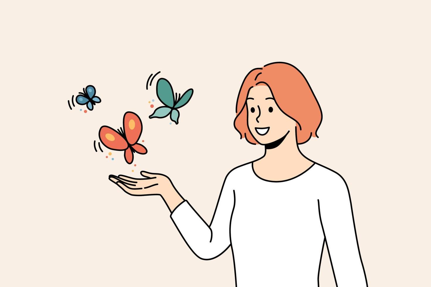 glimlachen jong vrouw met vlinders vliegend in de buurt hand. gelukkig vrouw genieten wild natuur en buitenshuis. vector illustratie.