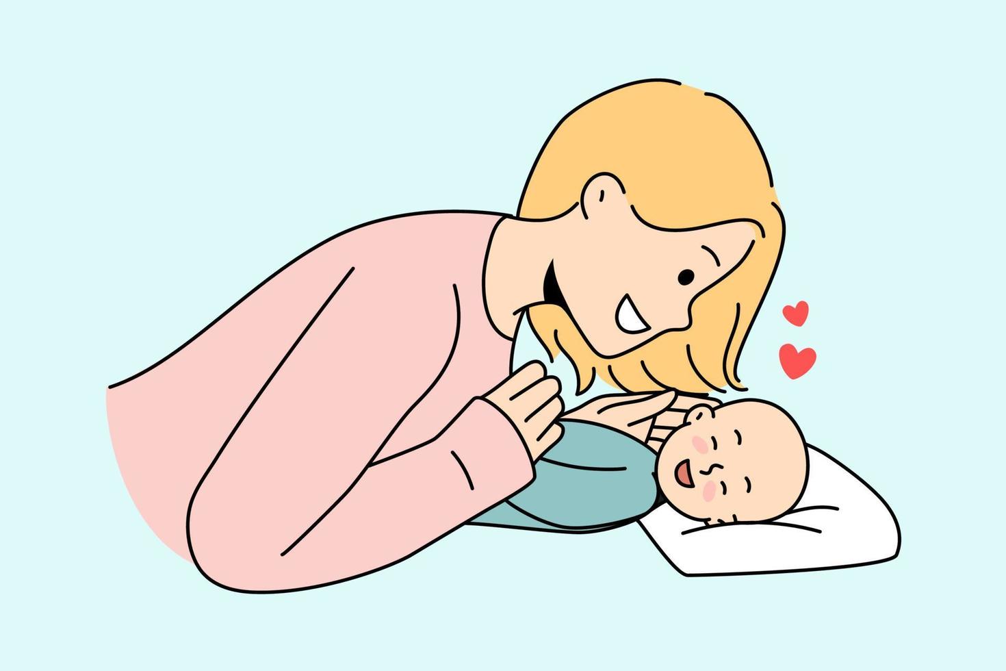 glimlachen jong moeder Speel met schattig pasgeboren baby. gelukkig mam knuffelen weinig kind zuigeling genieten moederschap. ouderschap concept. vector illustratie.