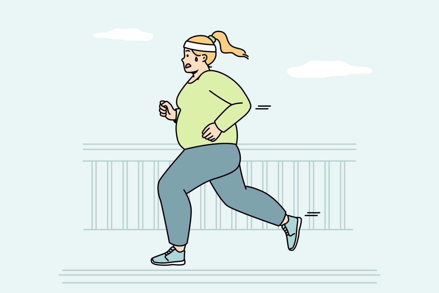 mollig vrouw rennen Bij straat naar worden fit. dik meisje maakt cardio training buitenshuis naar brandwond calorieën. mollig dame jogging in stad, nemen een deel in marathons. gewicht verlies. vector lineair gekleurde illustratie.