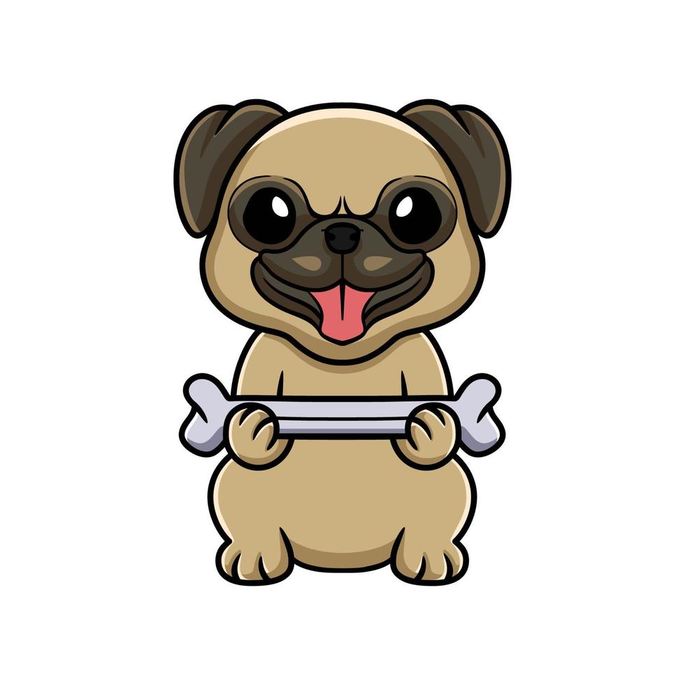 schattig weinig mopshond hond tekenfilm Holding een bot vector