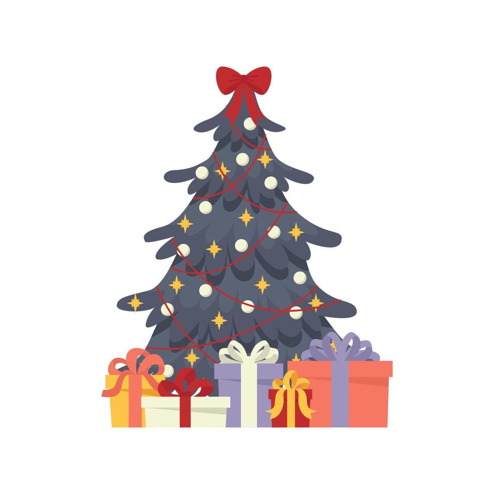 versierd Kerstmis blauw boom met geschenk dozen met lint bogen, ster, lichten, decoratief ballen, lampen. besneeuwd boom met veel van cadeaus voor groet kaart. vrolijk Kerstmis en gelukkig nieuw jaar. vector