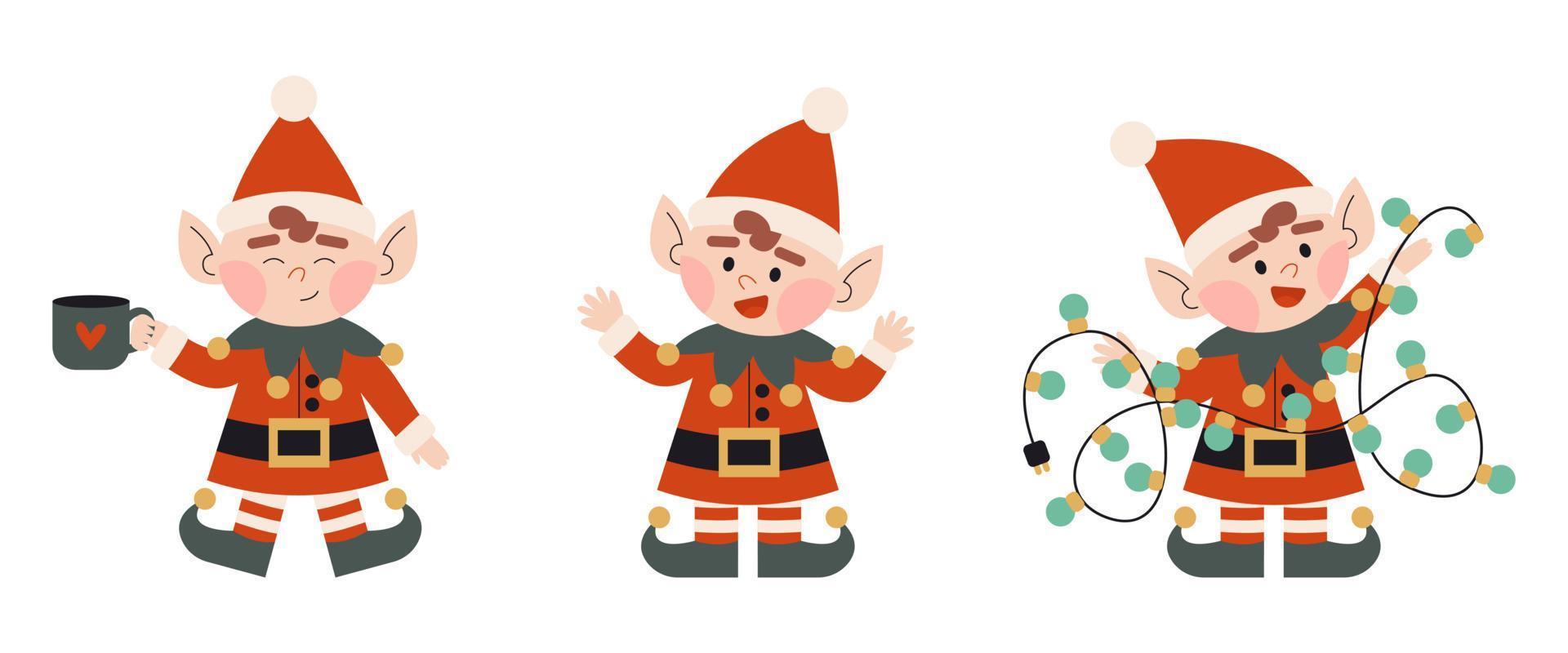 reeks van Kerstmis elfjes. weinig santa's helpers met vakantie lichten, kop van koffie, voeren handen. dwerg weinig fantasie helper. elf voor partij uitnodigingen of groet kaarten. vector