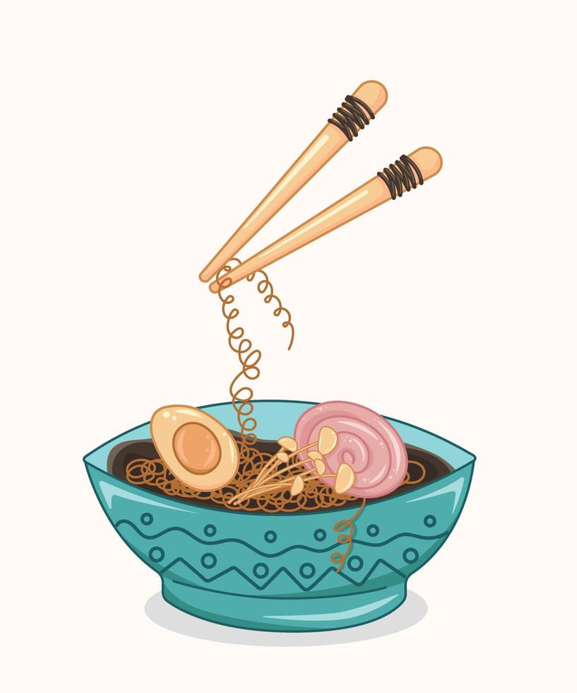 ramen soep kom met noedels, gesneden chashu gemarineerd gestoofd varkensvlees, gekookt ei halveren, eetstokjes. Aziatisch voedsel, Chinese voedsel, Japans voedsel. dichtbij omhoog hand- tekening vector illustratie.