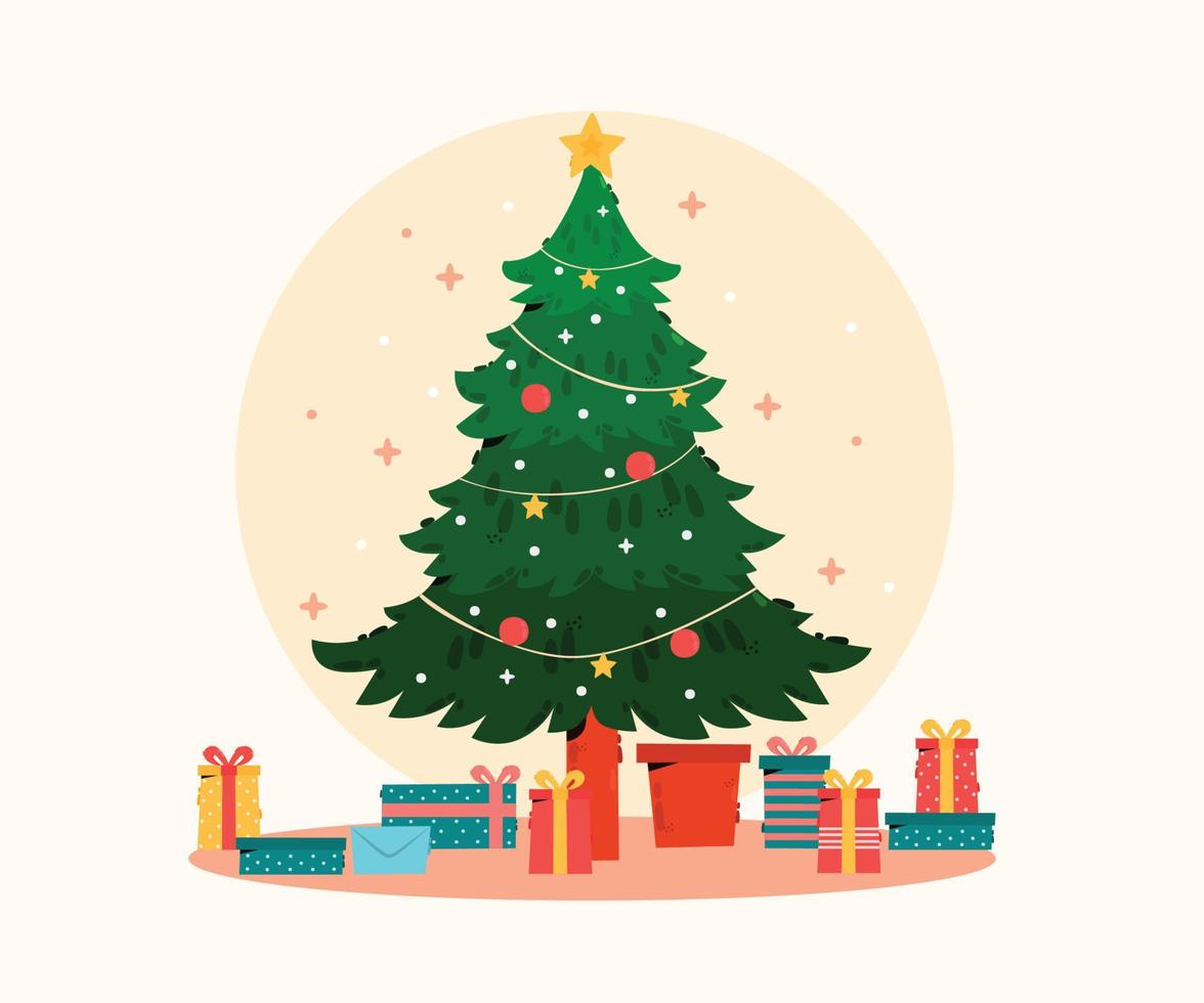 hand- getrokken Kerstmis boom met geschenk illustratie vector