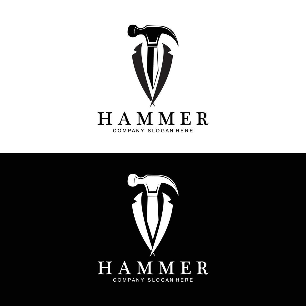 hamer, bouwconstructiehulpmiddelen en rechter logo vectorpictogram, vintage retro ontwerpillustratie vector