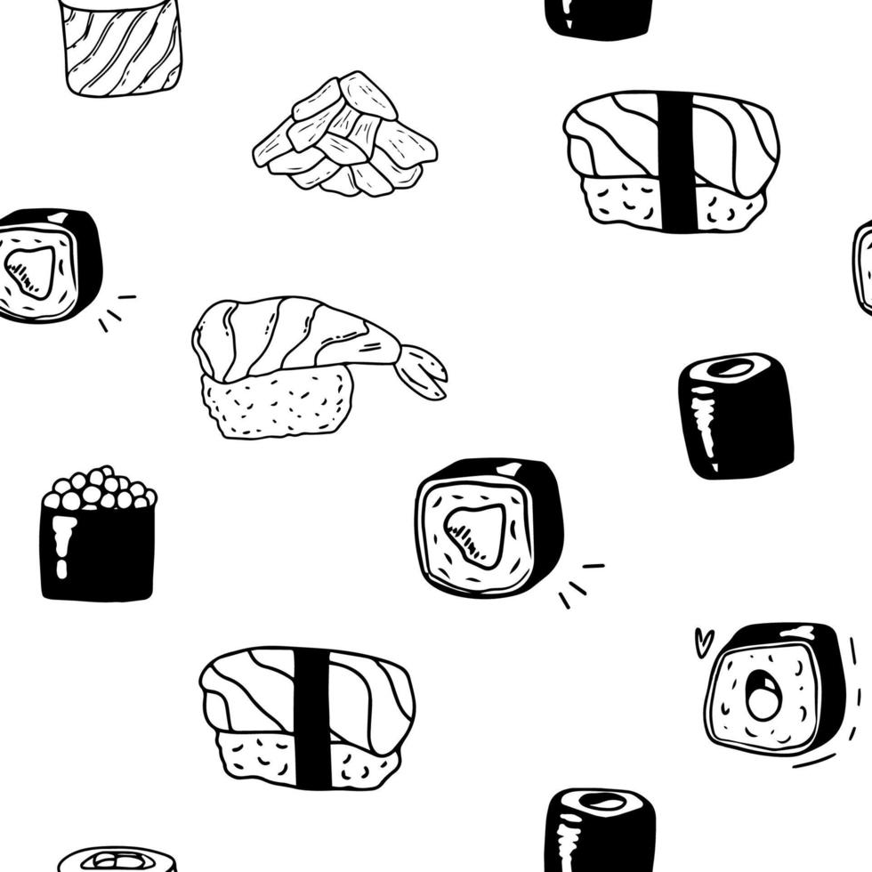 sushi geïsoleerd pictogrammen in naadloos patroon, vector illustratie. omhulsel papier ontwerp voor Japans restaurant voedsel levering pakketjes. traditioneel Aziatisch keuken zeevruchten gerecht, sushi en broodjes menu Hoes