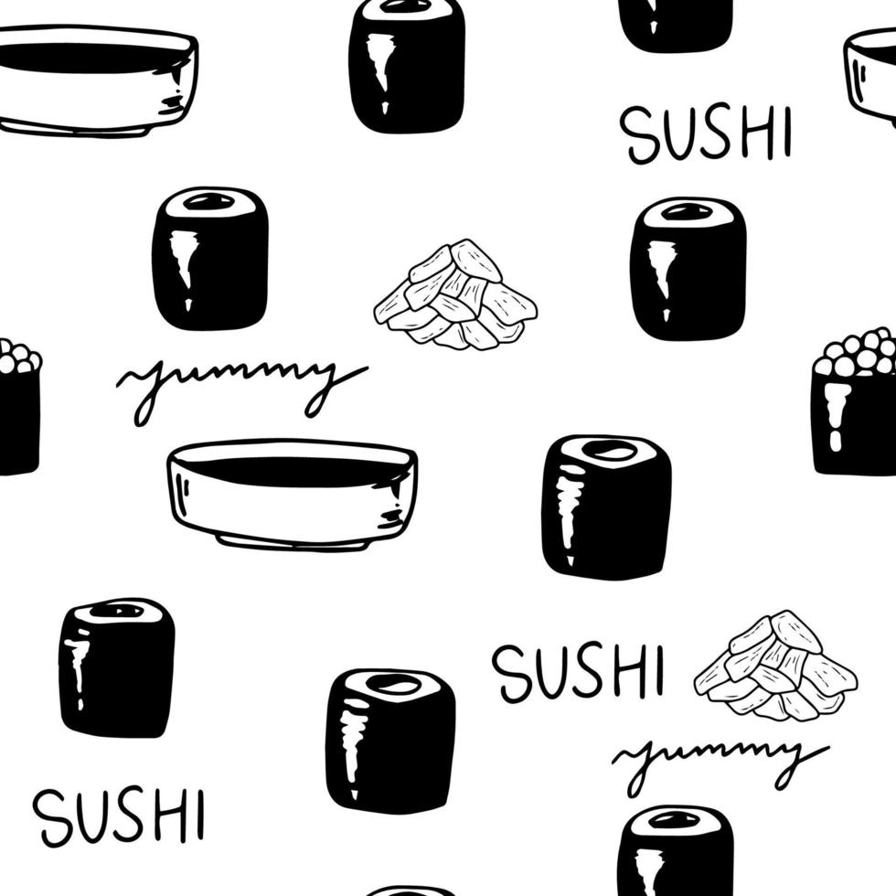 sushi geïsoleerd pictogrammen in naadloos patroon, vector illustratie. omhulsel papier ontwerp voor Japans restaurant voedsel levering pakketjes. traditioneel Aziatisch keuken zeevruchten gerecht, sushi en broodjes menu omslag.