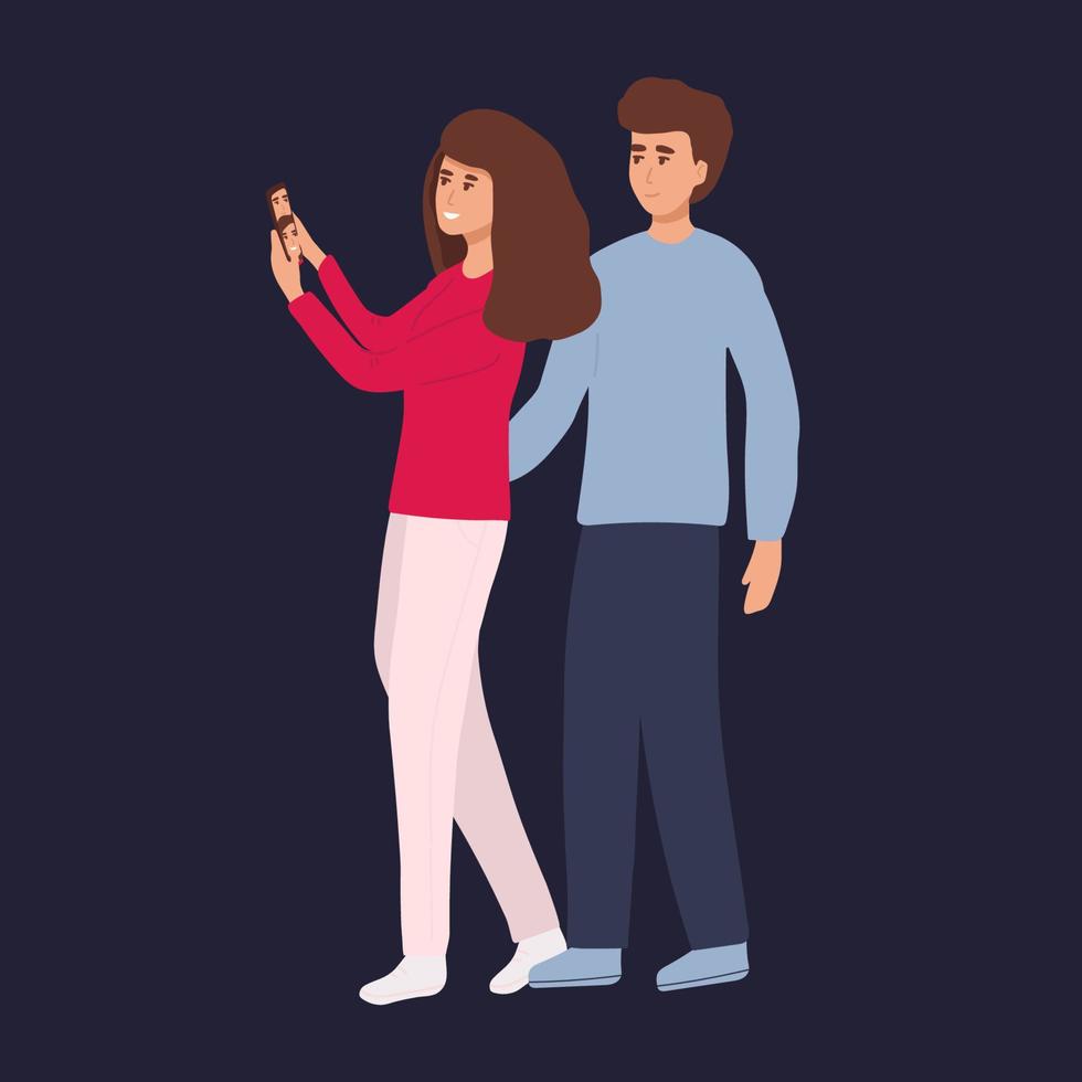gelukkig paar zijn nemen selfie. Mens en vrouw zijn gefotografeerd samen. vector illustratie in een vlak stijl
