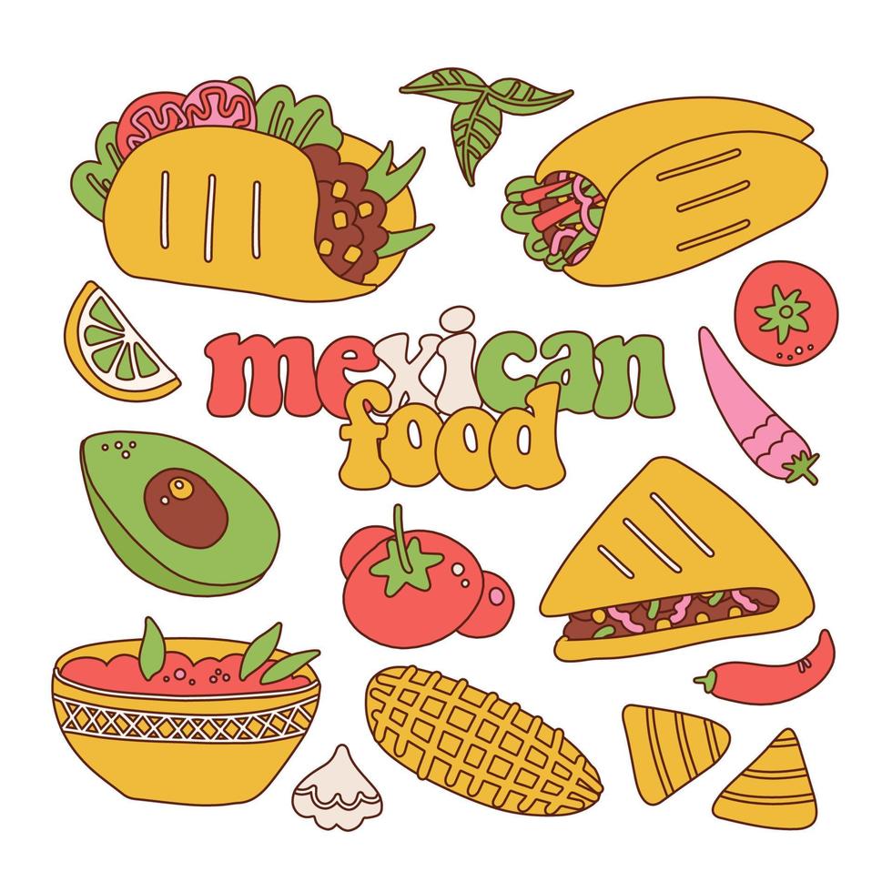 Mexicaans voedsel reeks in retro tekenfilm vector stijl. taco en burrito, nacho's met salsa schaal, traditioneel ingrediënten Leuk vinden tomaat, avocado, limoen en Chili peper verzameling.