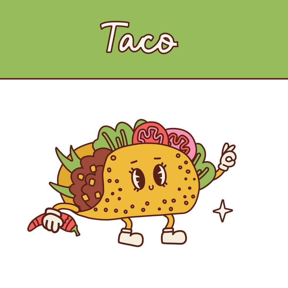 retro tekenfilm mascotte taco. schattig taco karakter met poten en gehandschoende handen. Jaren 50 wijnoogst vector illustratie voor landen bladzijde, banier, folder, sticker, ansichtkaart. Mexicaans snel voedsel wijnoogst toon.