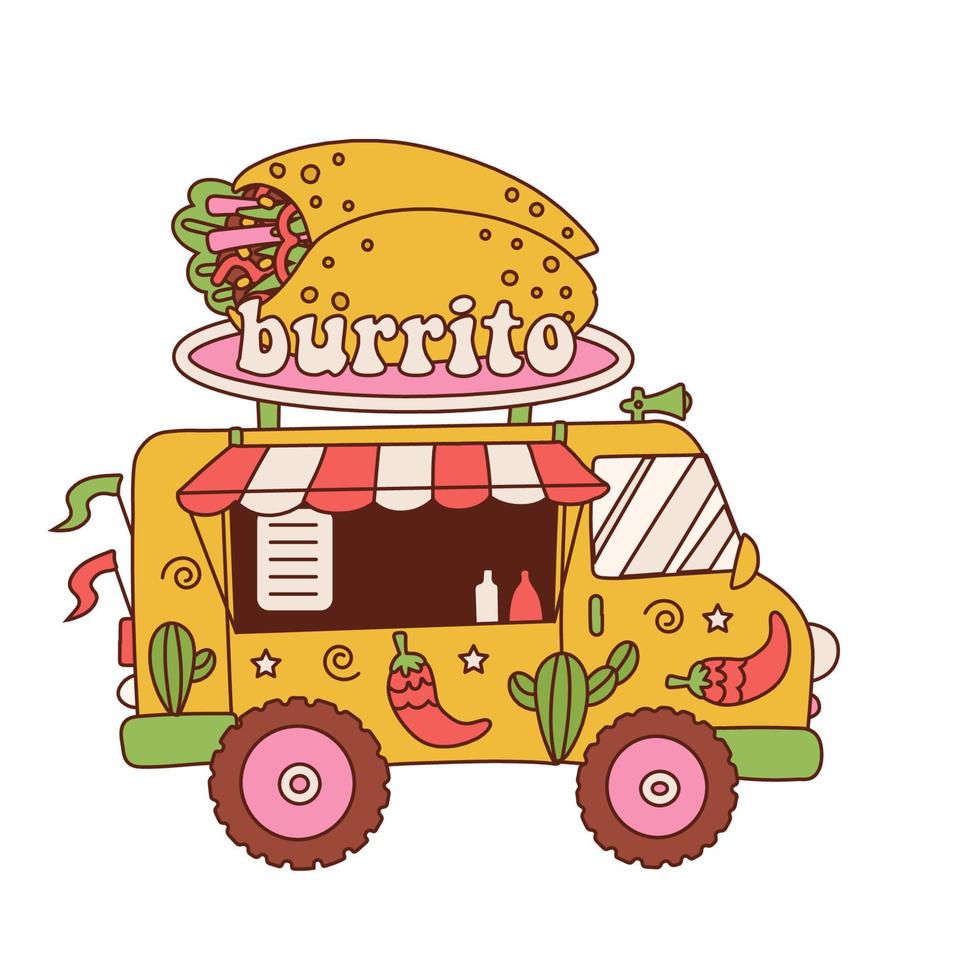 voedsel vrachtauto voor Mexicaans voedsel maaltijd snel levering onderhoud of zomer voedsel festival. vrachtauto busje met burrito Aan de dak. vector contour retro tekenfilm illustratie.