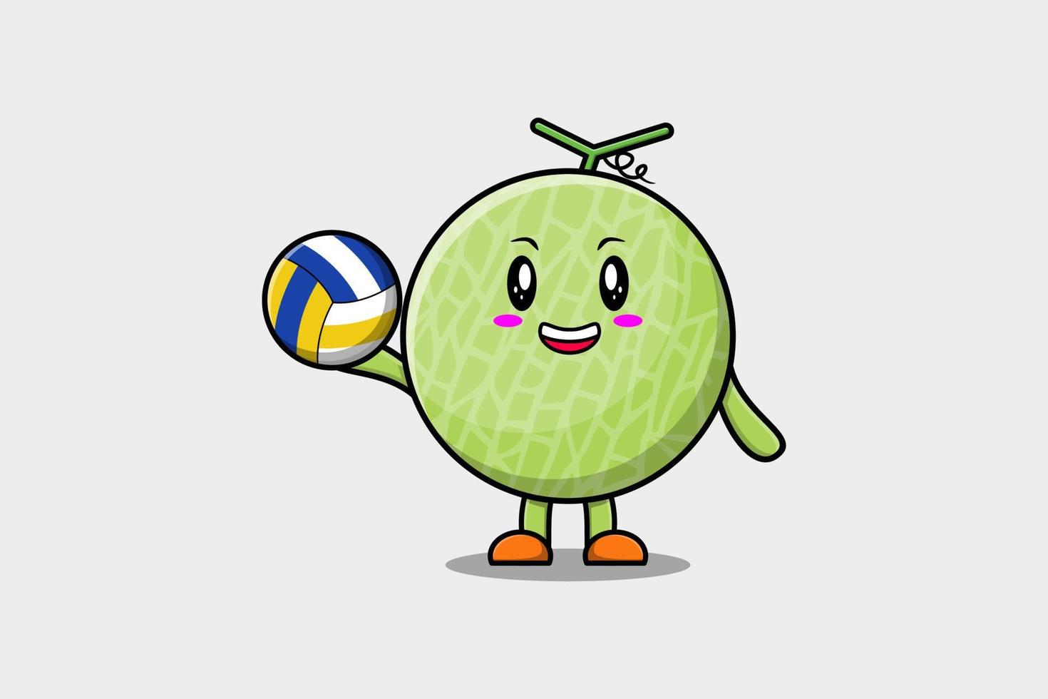 schattig tekenfilm meloen karakter spelen volleybal vector