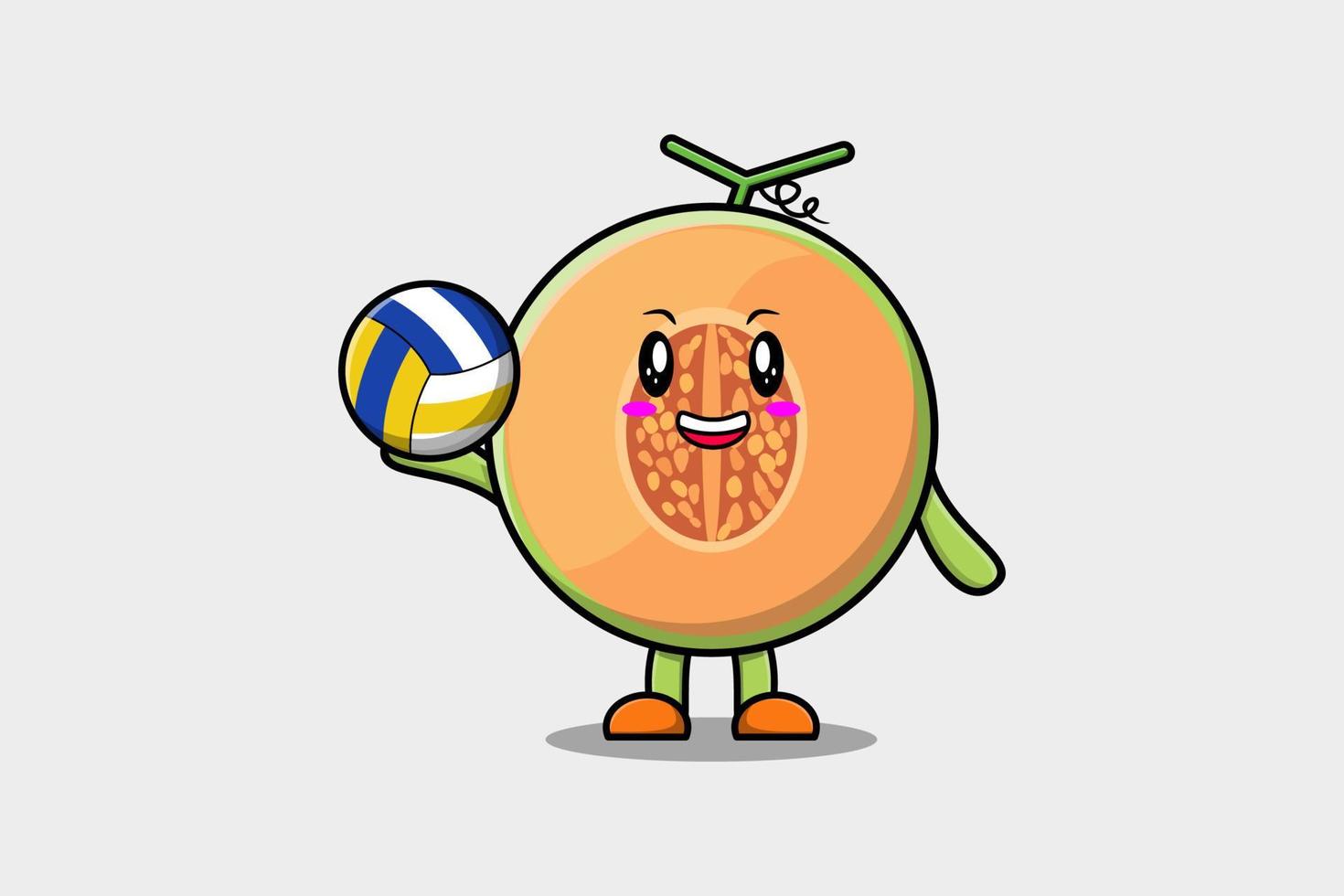 schattig tekenfilm meloen karakter spelen volleybal vector