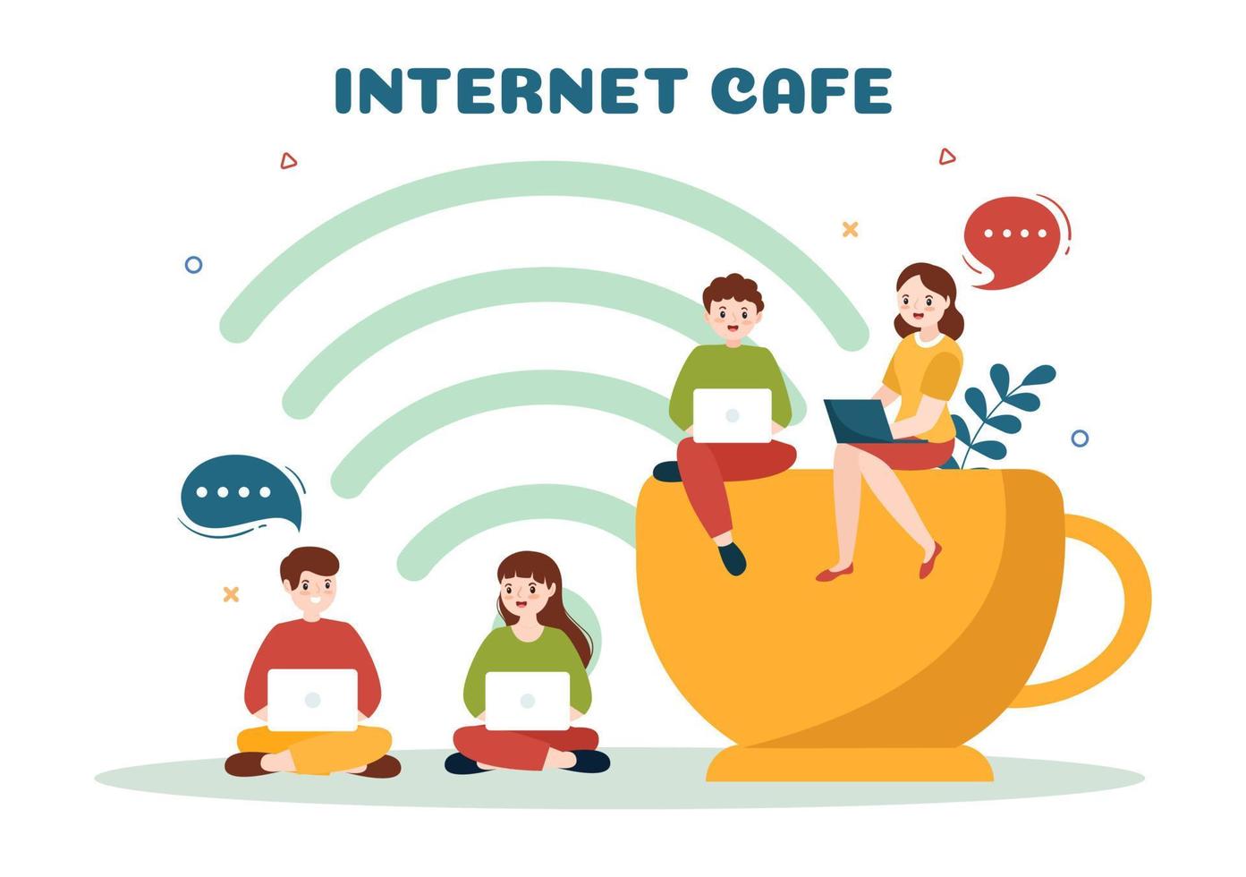 internet cafe van jong mensen spelen spellen, werkplaats gebruik een laptop, pratend en drinken in vlak tekenfilm hand- getrokken Sjablonen illustratie vector