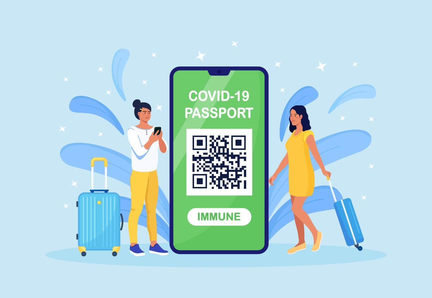 toeristen met bagage en coronavirus immuniteit document Aan mobiel telefoon.vaccinatie certificaat app. Internationale paspoort voor op reis gedurende coronavirus pandemie. toezicht houden Gezondheid van passagiers vector