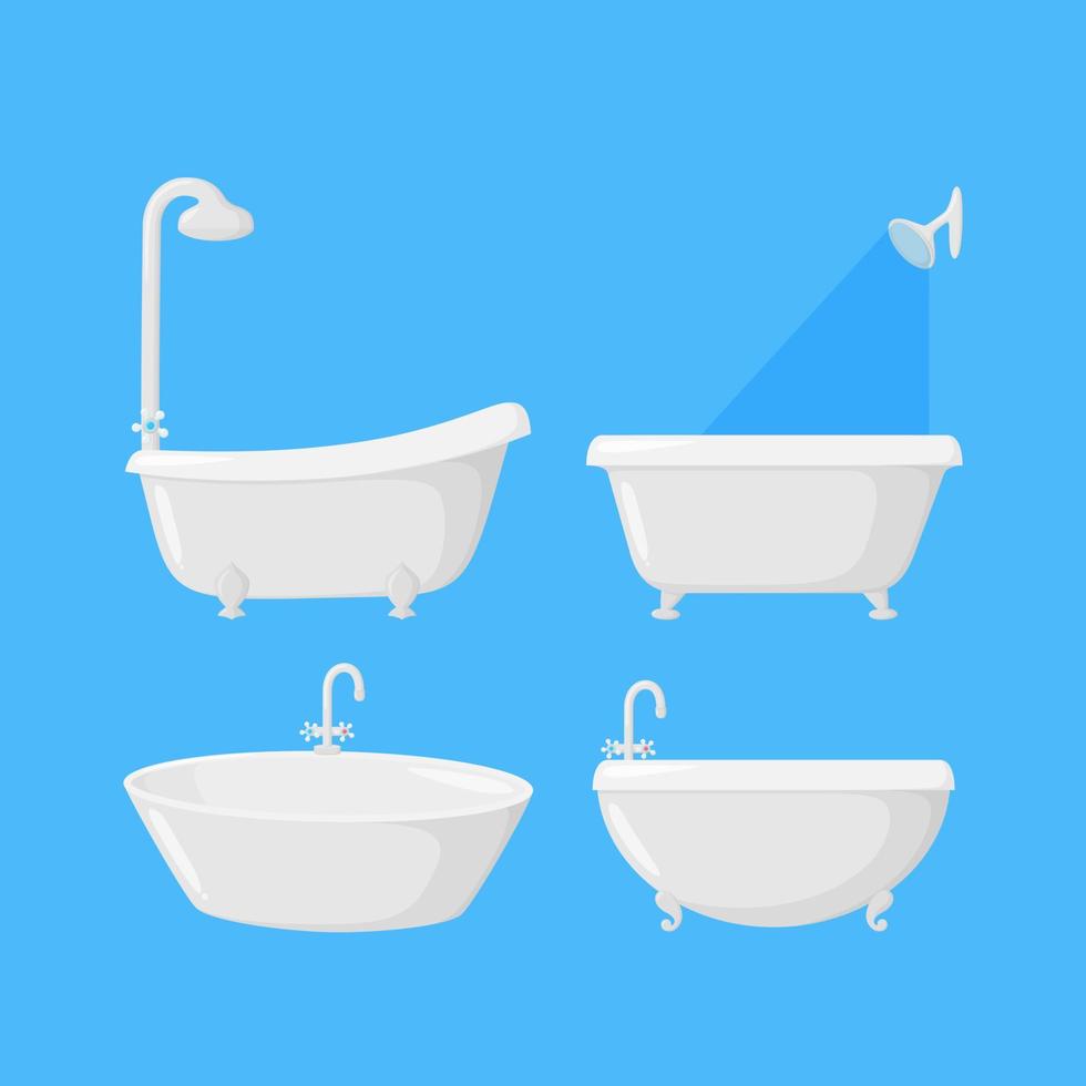 badkuipen voor badkamer met douche en kraan apparatuur. reeks van vier badkuipen geïsoleerd in blauw achtergrond. vector illustratie