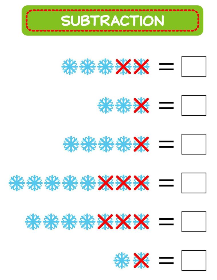 aftrekken. wiskunde werkblad voor kinderen. ontwikkelen rekenvaardigheid vaardigheden. oplossen voorbeelden en schrijven. wiskunde. vector illustratie.educatief wiskunde kinderen spel. aftrekken voor kinderen