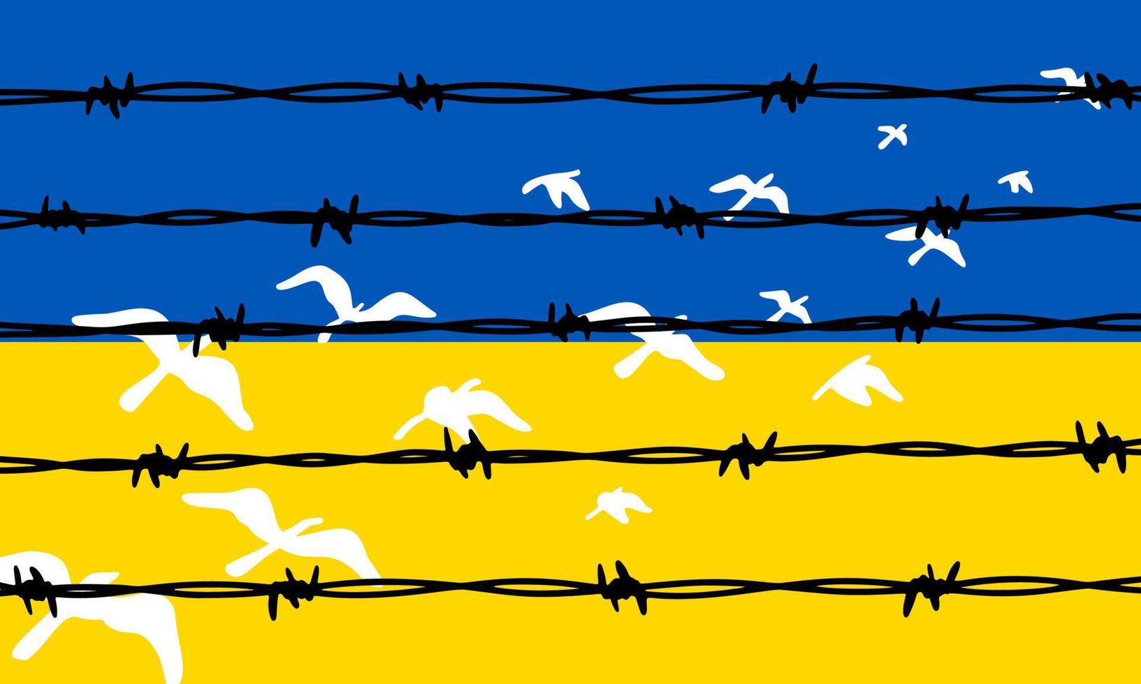 vliegend vogelstand in oekraïens blauw en geel vlag kleuren ontsnappen met weerhaken draad schutting. vrijheid concept. hand- getrokken vector illustratie. bidden voor Oekraïne