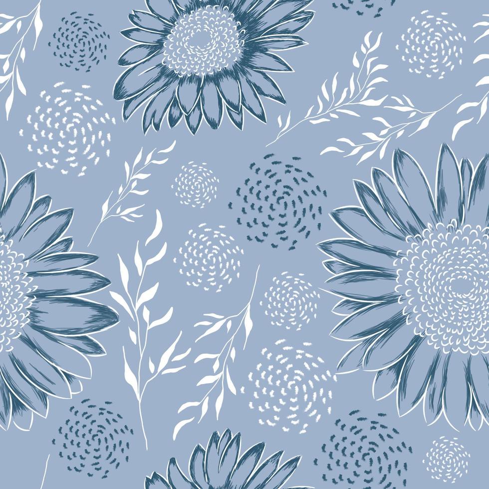 bloem naadloos patroon met abstract en blad ornament Aan baby blauw kleur. patroon voor papier, textiel, kleding stof, afdrukken, decor ornament, Hoes enz vector