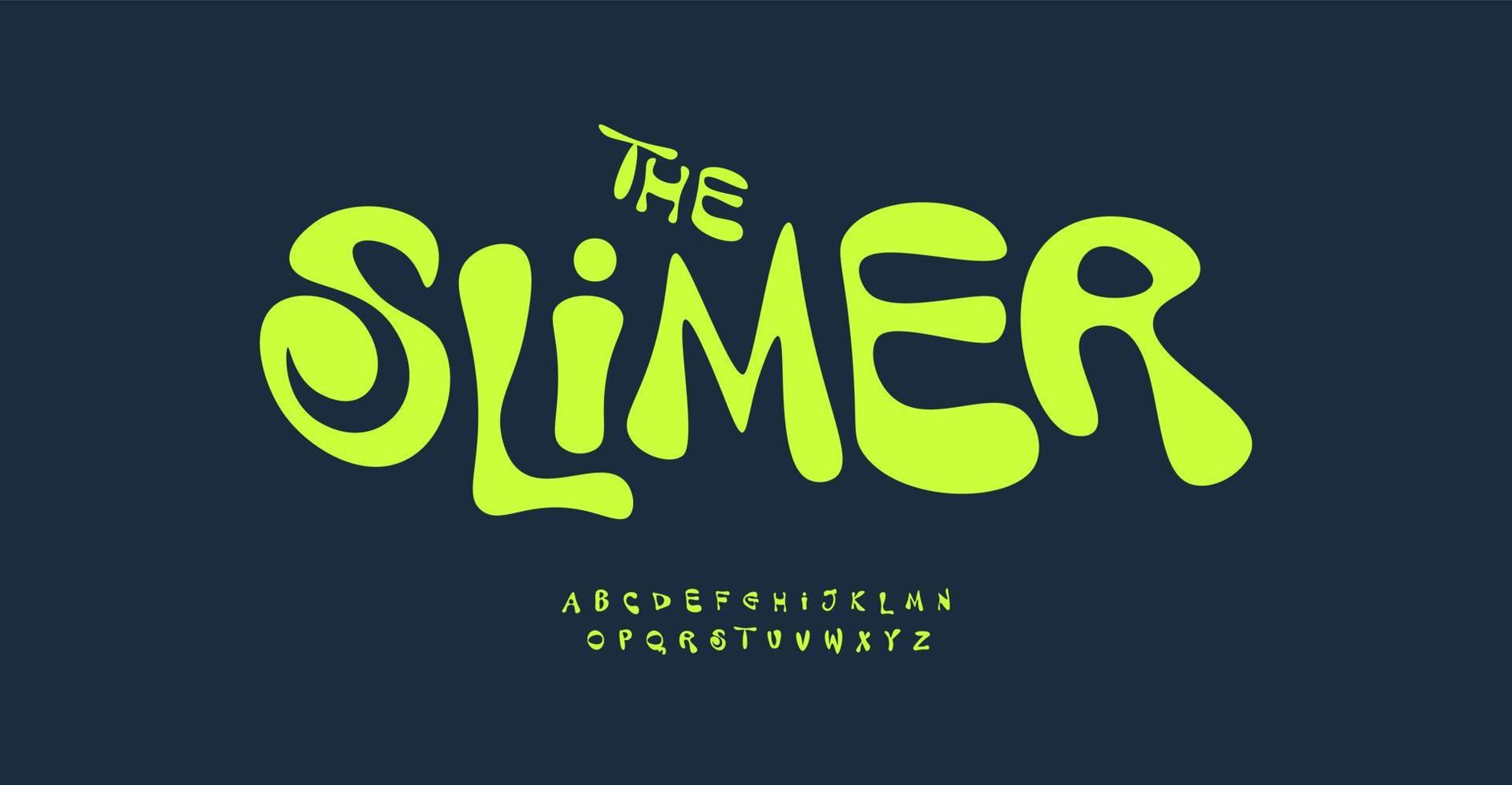 slijmerig lettertype, limoen kleur tekenfilm brieven. tekenfilm vlekken alfabet voor slijm, plasticine, vlekken kunst, kinderachtig spel opschrift en logo. speels helder groen bubbels brieven, vector typografisch ontwerp.