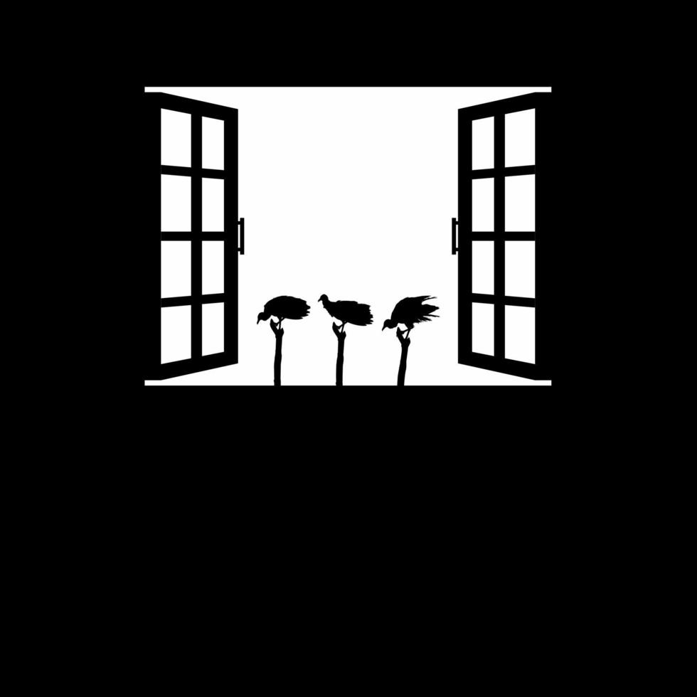kudde van de zwart gier vogel Aan de venster silhouet. eng, verschrikking, eng, mysterie, of misdrijf illustratie. illustratie voor verschrikking film of halloween poster ontwerp element. vector illustratie