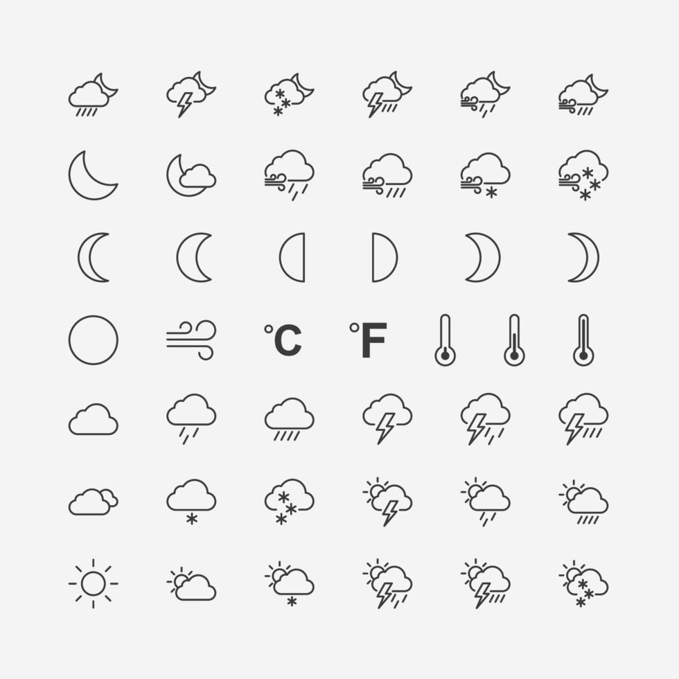 het weer, wolk, regenen, sneeuw, maan, temperatuur, zon icoon vector symbool teken reeks