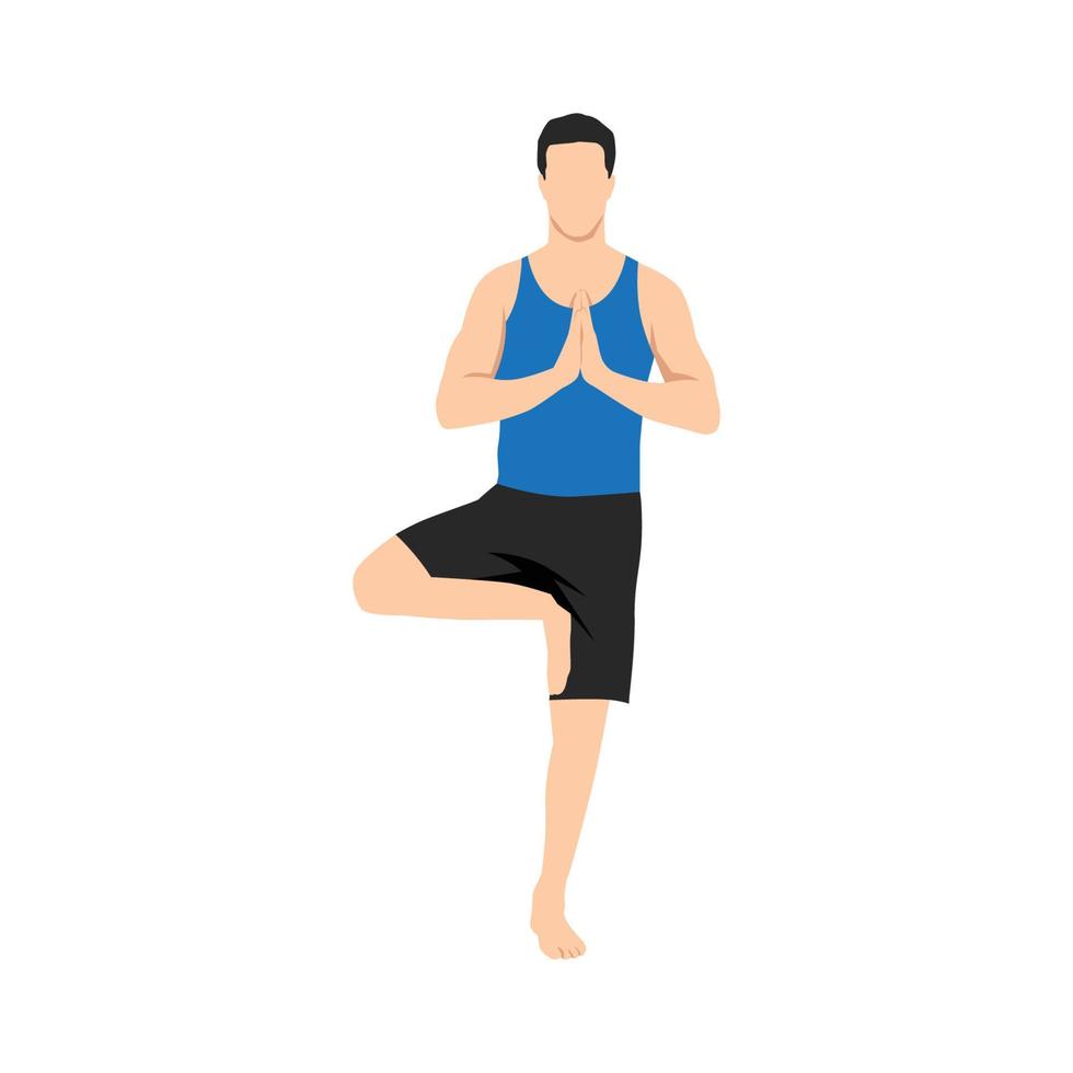 jong Mens beoefenen yoga met boom houding, vrksasana asana, staan Aan een been. vlak vector illustratie geïsoleerd Aan wit achtergrond