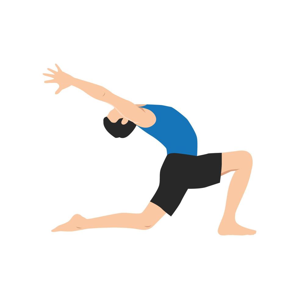 Mens aan het doen halve maan uithaal houding of anjaneyasana oefening. vlak vector illustratie geïsoleerd Aan wit achtergrond