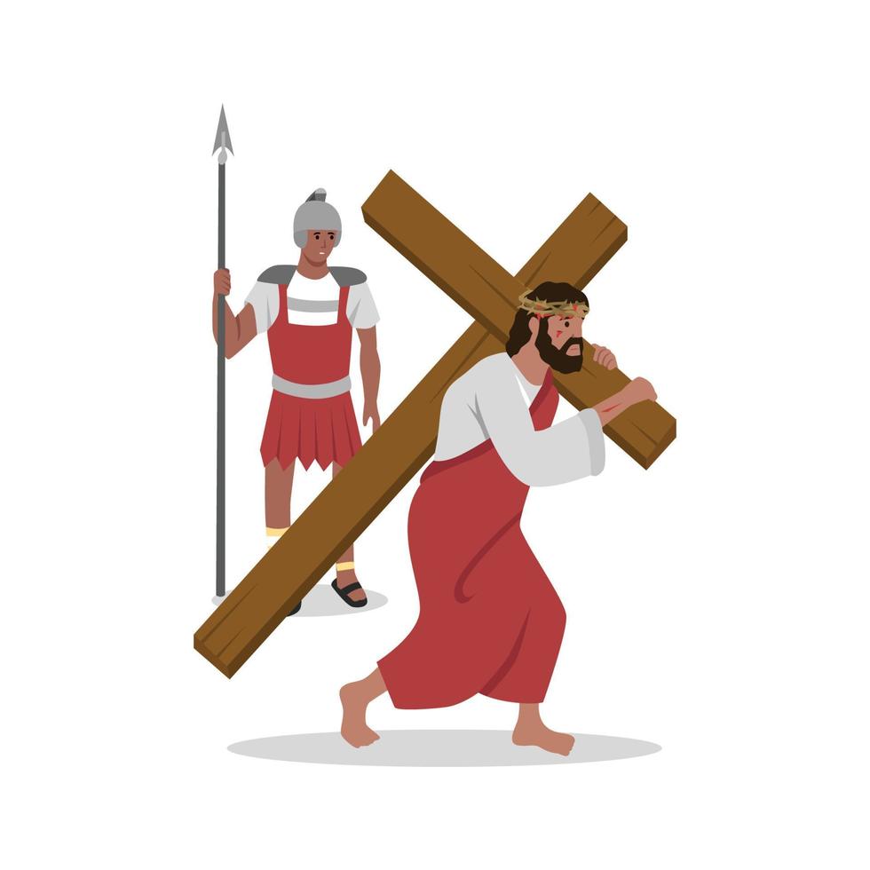 Jezus Christus Aan manier van kruis, Bijbel concept. zoon van god in kroon van doornen is draag- kruis naar Golgotha. simon van cyreen helpt Messias naar beer kruis. illustratie van passie in tekenfilm stijl. vector