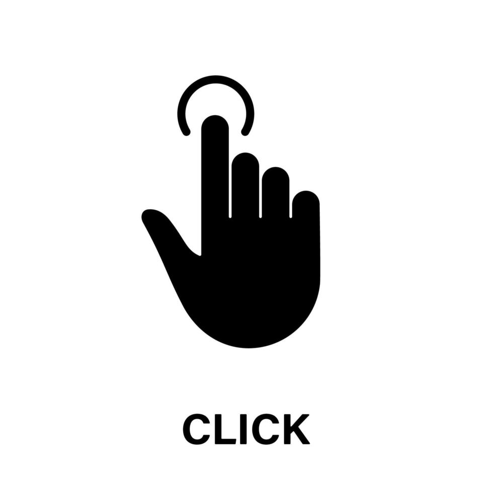 Klik gebaar, hand- cursor van computer muis zwart silhouet icoon. wijzer vinger glyph pictogram. vegen dubbele druk op tintje punt kraan Aan cyberspace website teken. geïsoleerd vector illustratie.