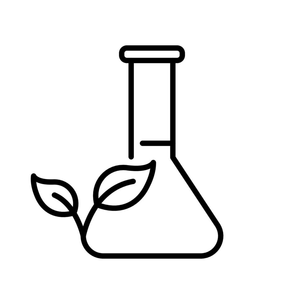 biologie fabriek Onderzoek experiment in laboratorium pictogram. biologisch wetenschappelijk laboratorium schets icoon. fles met blad uitrusting voor chemisch wetenschap lijn icoon. bewerkbare hartinfarct. geïsoleerd vector illustratie.