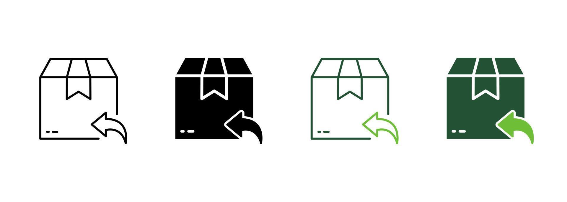 terugkeer pakket doos silhouet en lijn icoon. uitwisseling pakket van levering onderhoud pictogram. pijl terug Verzending terugkeer goederen icoon. terugbetaling Product in doos. bewerkbare hartinfarct. geïsoleerd vector illustratie.