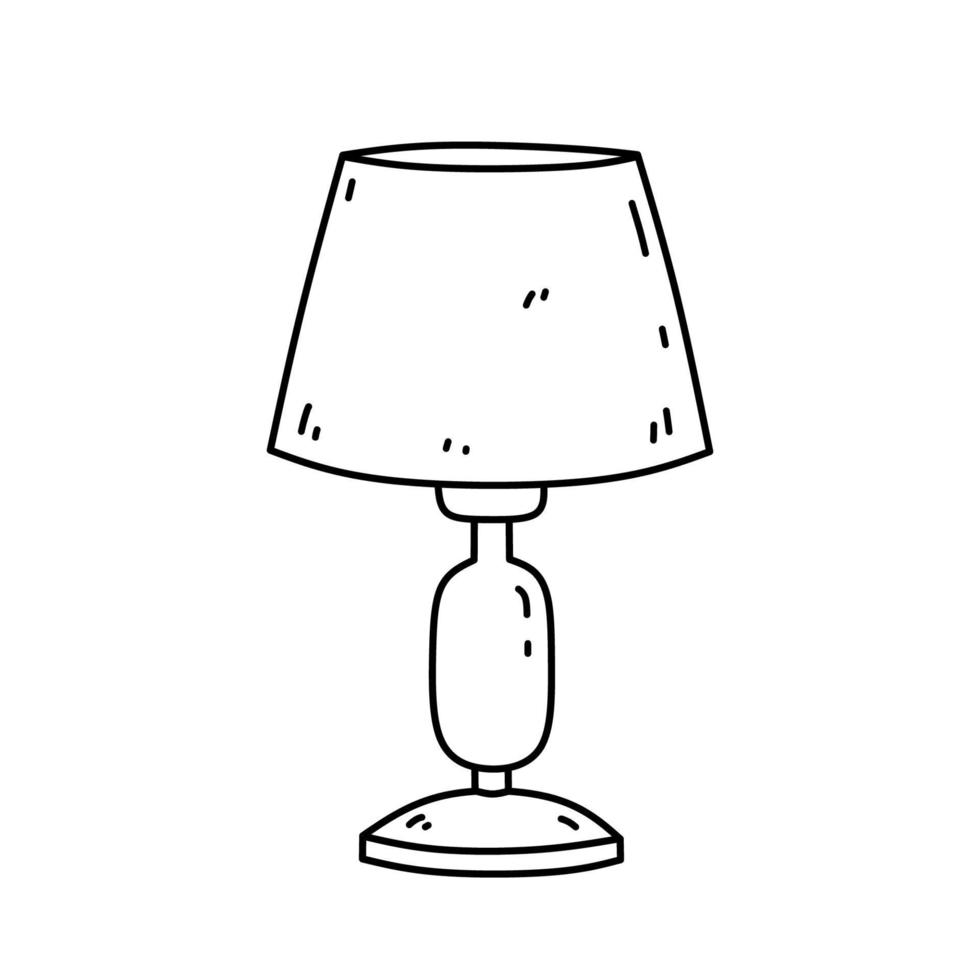 tafel lamp met lampenkap geïsoleerd Aan wit achtergrond. interieur item voor slaapkamer, leven kamer. vector hand getekend tekening illustratie. perfect voor decoraties, logo, divers ontwerpen.