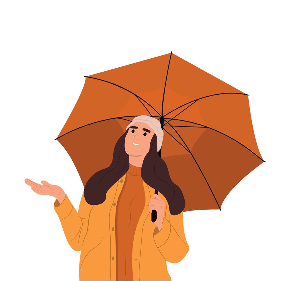regenachtig seizoen met paraplu jong gelukkig meisje vangen regen met handen.plat vector illustratie