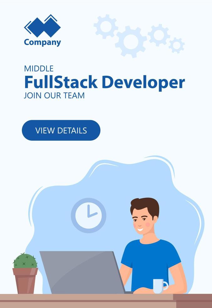 werving web horizontaal banier concept. vol stack ontwikkelaar nodig zijn. jong Mens werken Aan laptop in kantoor. baan bieden, vacature, uur, in dienst nemen. vector vlak illustratie.