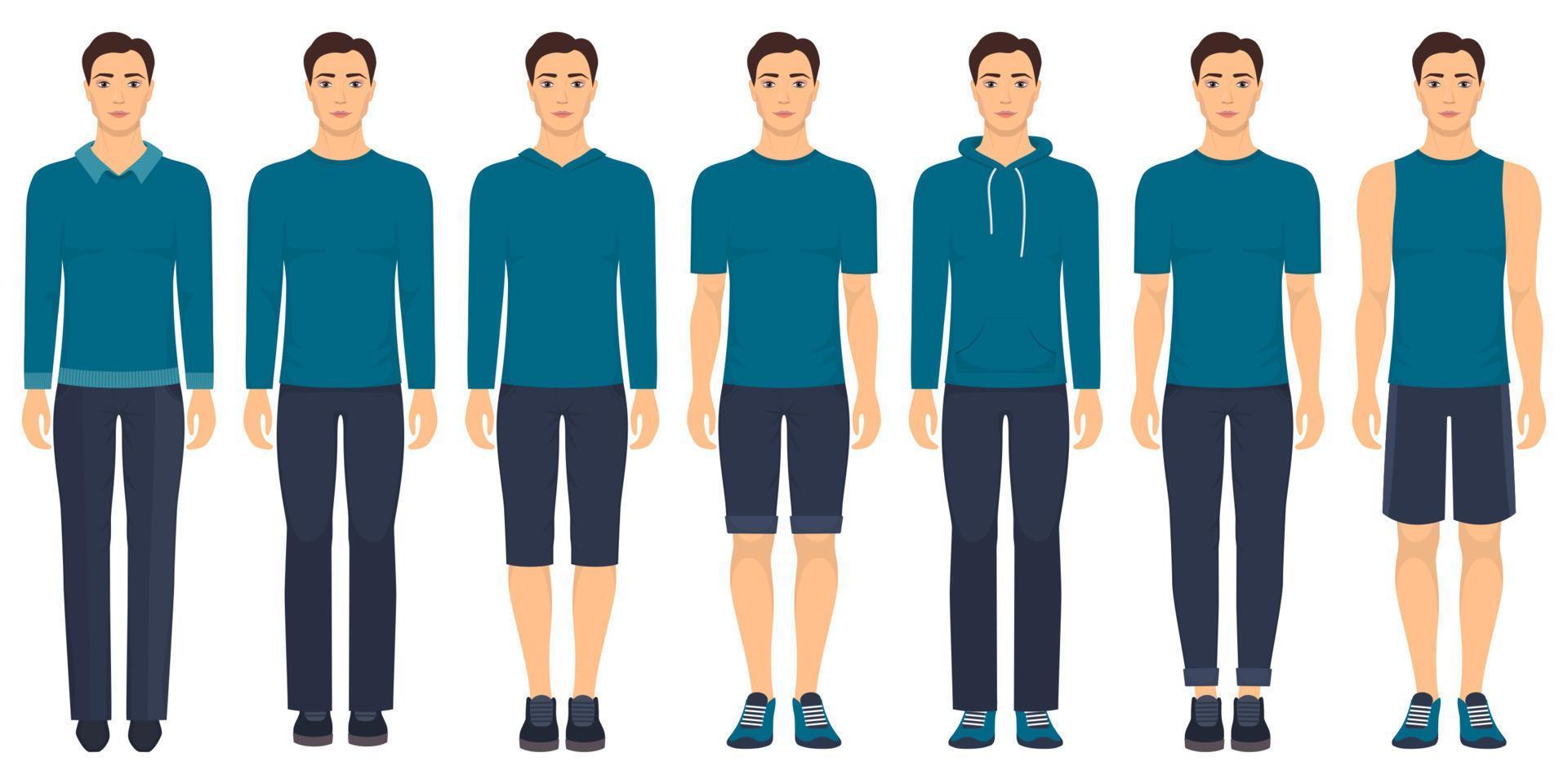 jong Mens staand in vol groei in verschillend kleren, formeel, bedrijf, elke dag, sport. Mens in elegant en gewoontjes kleren. eenvoudig garderobe in twee kleuren. vector illustratie, geïsoleerd.