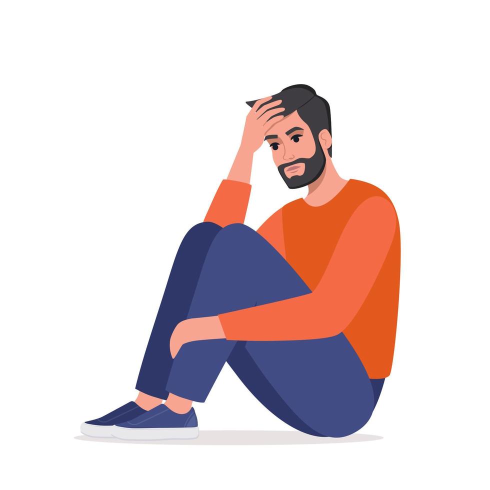 jong depressief Mens zittend alleen, knuffelen zijn knieën. concept van depressie, mentaal Gezondheid, psychologie probleem, misbruik. vector illustratie.