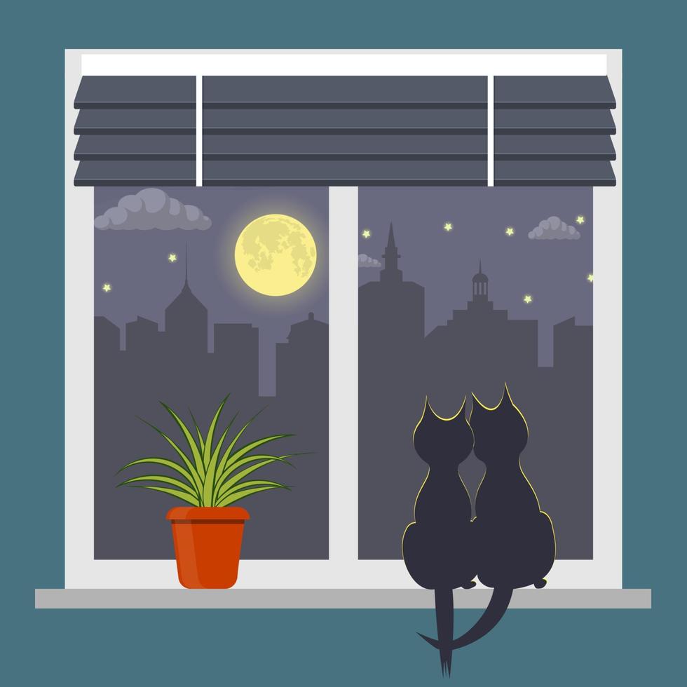 silhouetten van twee katten zittend Aan een vensterbank onder de licht van de maan. nacht stad buiten de venster. jaloezieën Aan venster en kamer fabriek in pot Aan de vensterbank. vector illustratie.