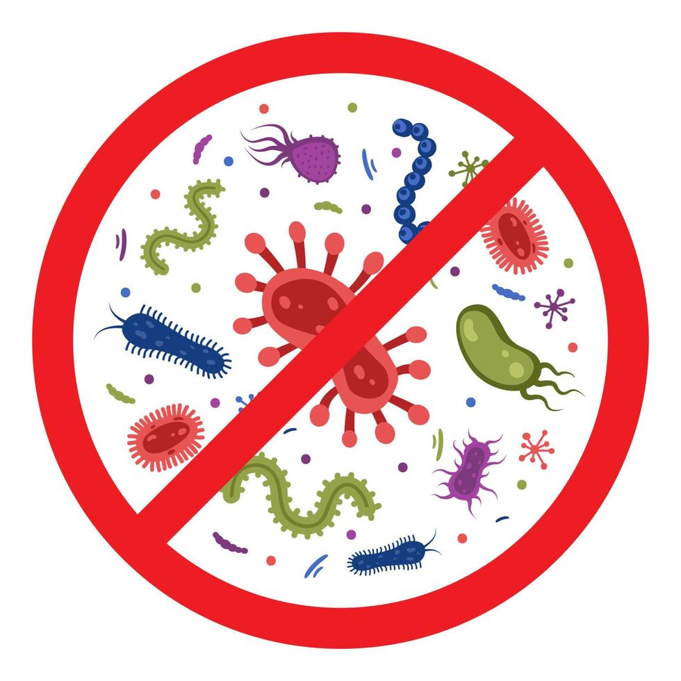 antibacteriële verdediging icoon. hou op bacterie en virussen verbod teken. antiseptisch. divers bacterie in de rood doorgestreept cirkel. vector illustratie.