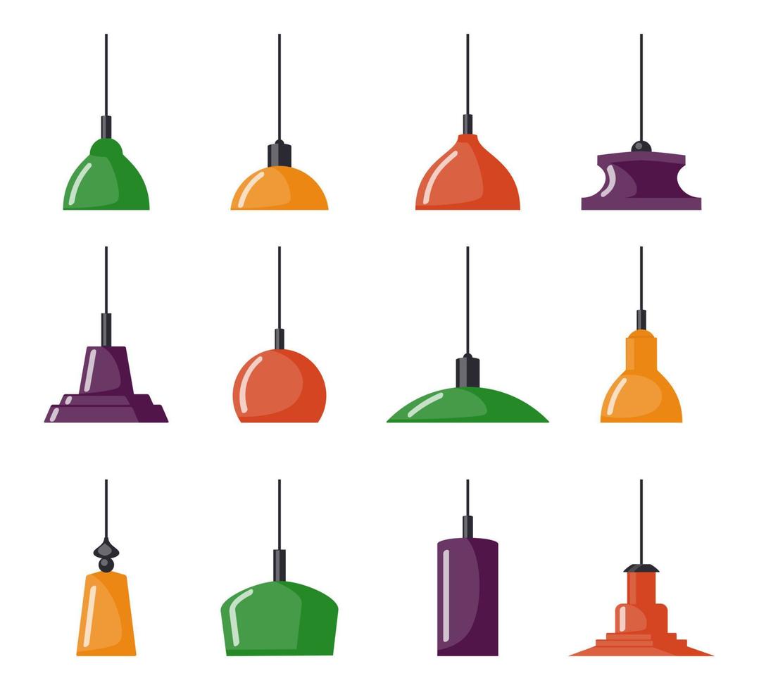 kleurrijk hangende lampen, set. kroonluchters, lampen, bollen - elementen van modern interieur, mooi icoon verzameling. vector illustratie, geïsoleerd.