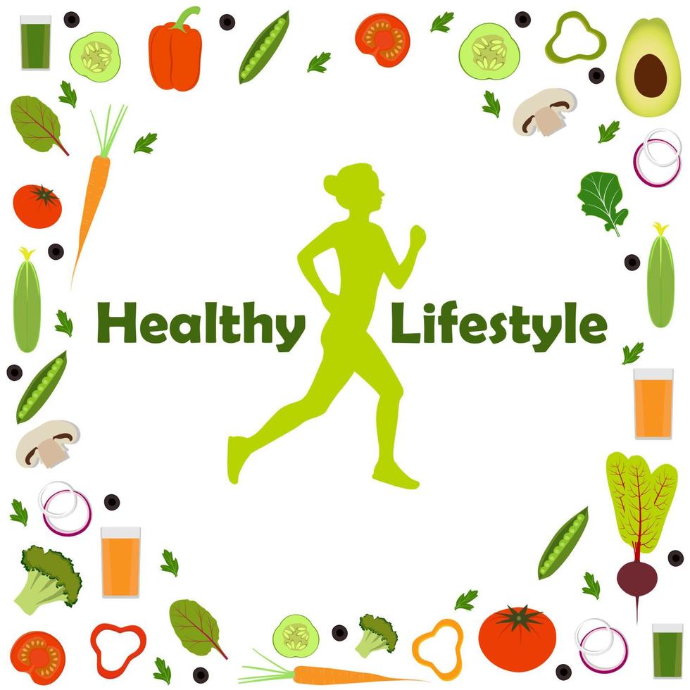silhouet van een rennen vrouw, omringd door pictogrammen van groenten. gezond levensstijl illustratie icoon reeks voor infographics. vector