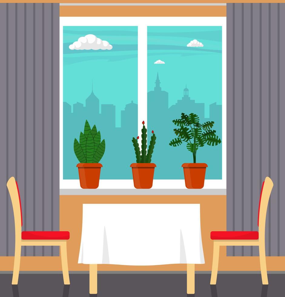 groot venster met gordijn en planten in potten Aan de vensterbank, tafel met wit tafelkleed en twee stoelen in de voorgrond. stad buiten de venster. vector illustratie in vlak stijl.