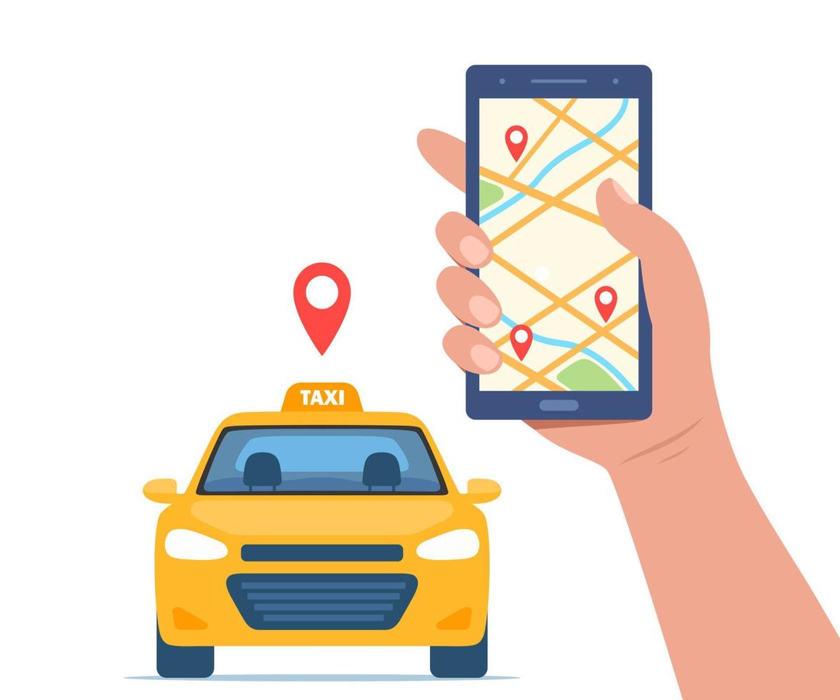 geel taxi auto, voorkant visie. taxi mobiel bestellen onderhoud app concept. hand- Holding smartphone met geotag GPS plaats pin Aan stad kaart. vector illustratie.