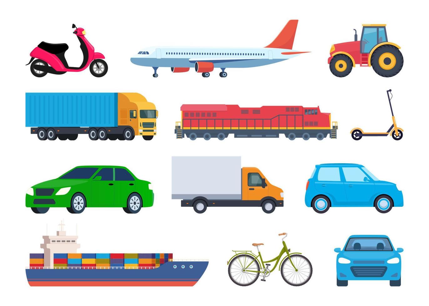 voertuigen, set. auto, fiets, bromfiets, elektrisch scooter, vrachtwagen, tractor, schip, trein, vlak. vector illustratie in vlak stijl.