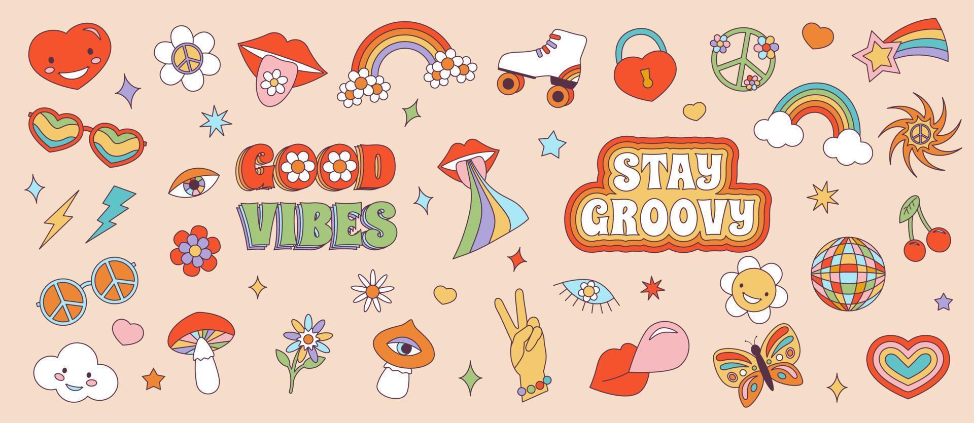 retro jaren 70 groovy hippie sticker set. psychedelisch tekenfilm elementen - funky madeliefje bloem, paddestoel, oog, regenboog, vrede, liefde, hart, kers, disco bal, rol in wijnoogst hippie stijl. vector set.