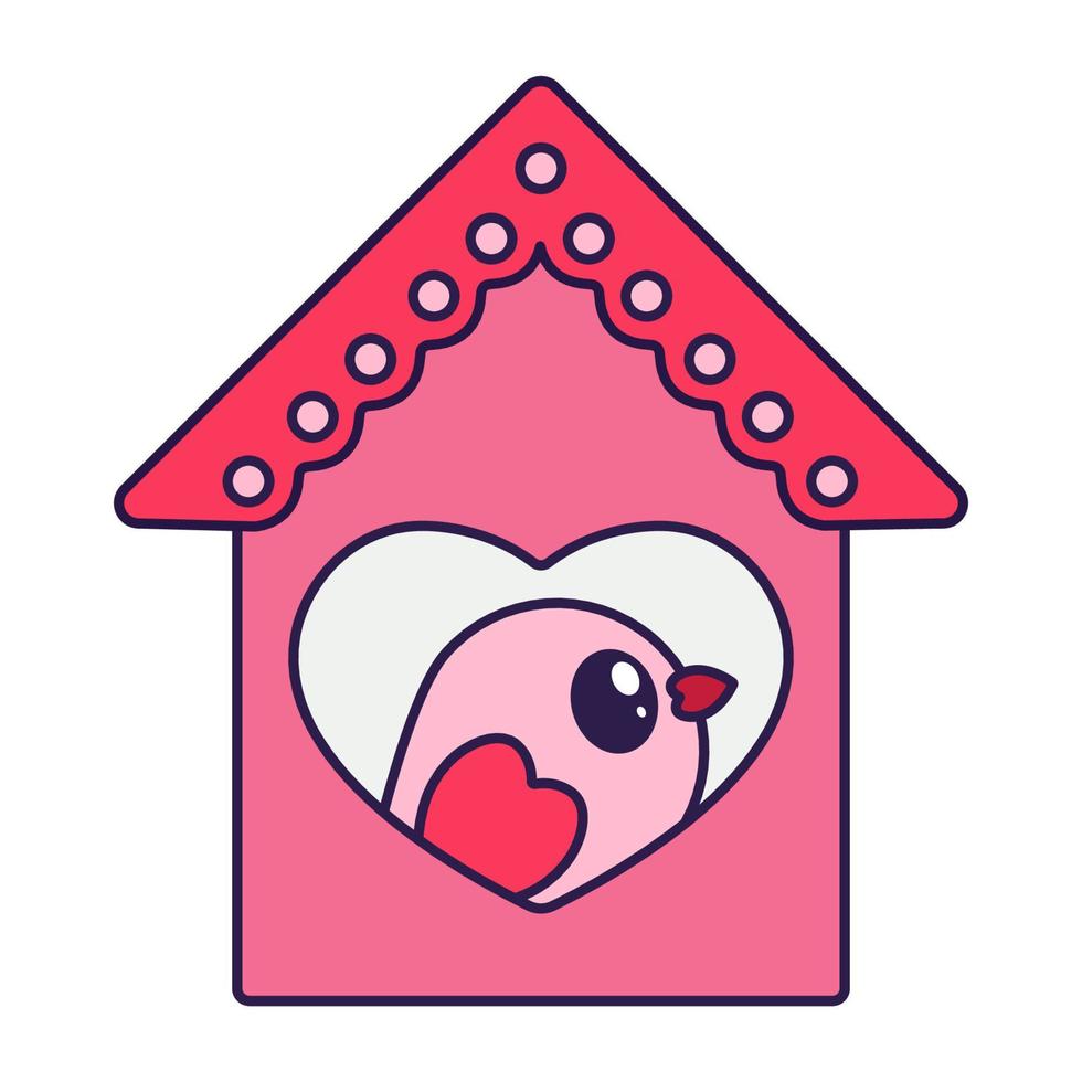 kawaii Valentijn dag icoon vogelhuisje met een vogel. liefde symbool in de modieus knal lijn kunst stijl. de schattig vogel met hart is in zacht roze, rood, en koraal kleur. vector illustratie geïsoleerd.